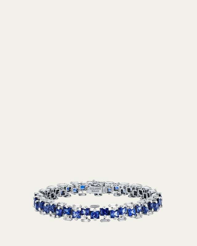 18K White Gold One Of A Kind Princess Cut Bracelet with Blue Sapphires and Diamond Baguettes